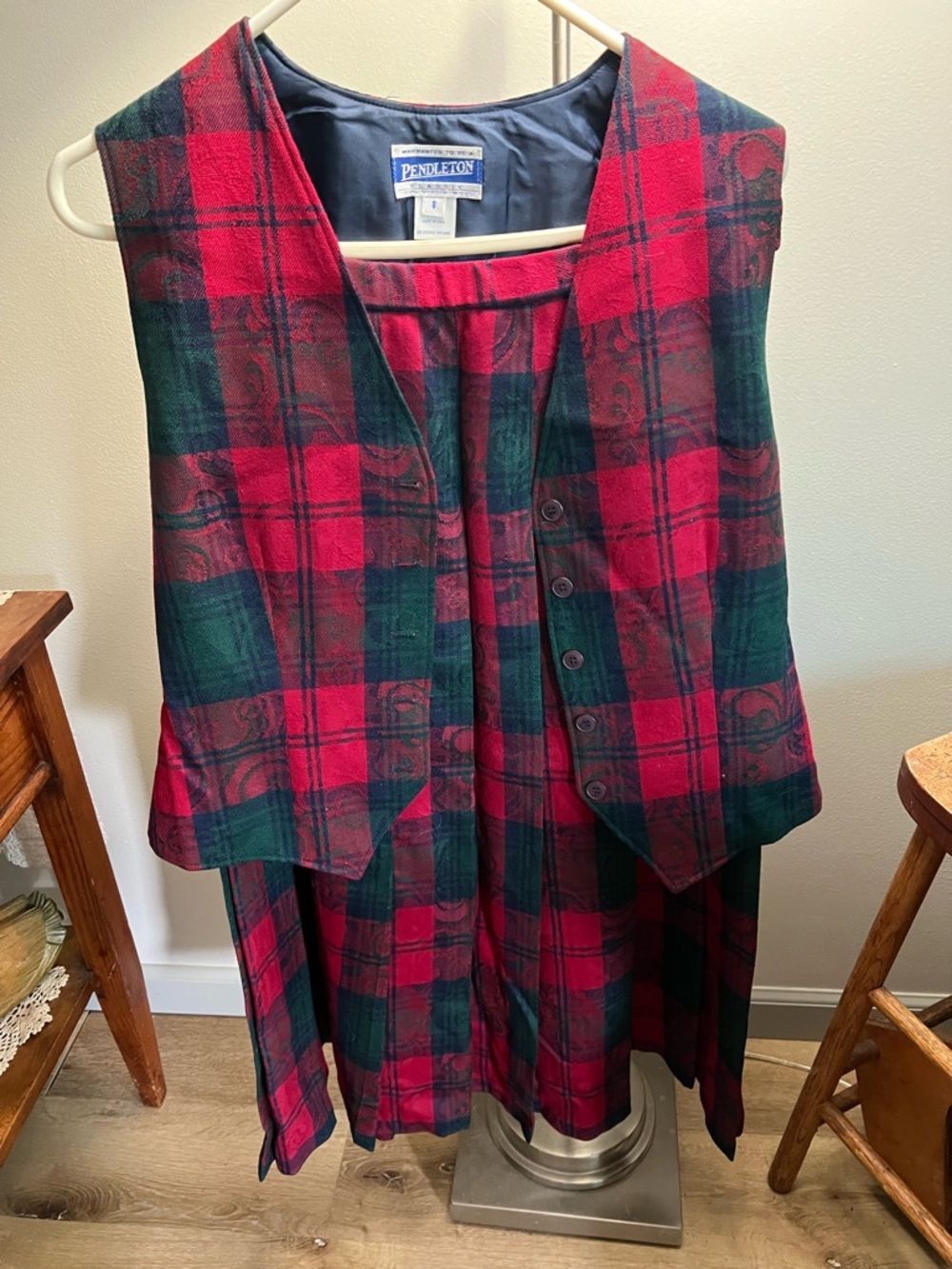 Pendleton Navy Lined Red & Black Plaid Skirt Set. Vintage set